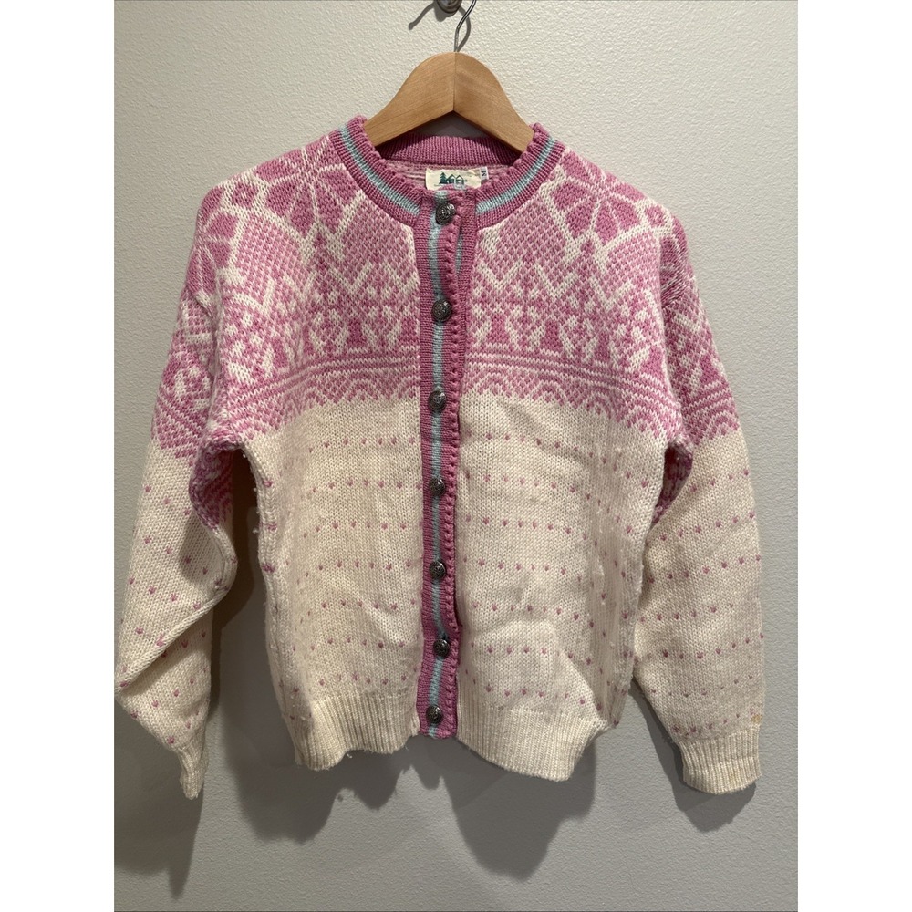 Vintage REI Women's M Wool Fair Isle Button Front Cardigan Pink White Grannycore
